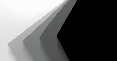 Fototapeta premium Abstract geometric background. In the bottom left corner, there are layered, nested chevron shapes pointing towards the upper right. These shapes are composed of dark white and charcoal panels.