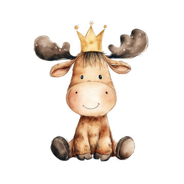 A cute baby moose with a golden crown sits adorably looking forward on a white studio background shot today.
