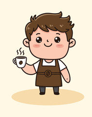 Cute Cartoon Barista Boy Holding Steaming Coffee Cup
