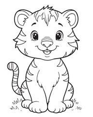 Obraz premium Cute cartoon baby tiger sitting with a sweet smile. Black and white line art illustration for children's coloring book. Happy tiger cub drawing.