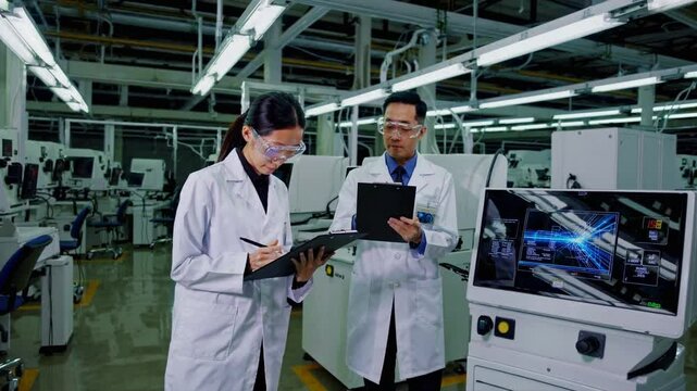 The Visionaries of Industry: A focused duo of professionals, donned in crisp white lab coats and protective eyewear.