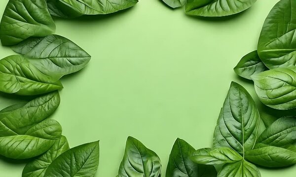 Green basil leaves frame on light green background.