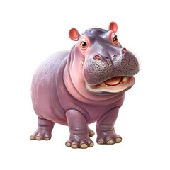 Obraz premium A cute cartoon hippopotamus stands isolated against a white background with a cheerful friendly expression.