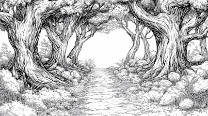 Naklejka premium Intricate forest path with tall trees and bushes.