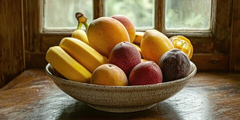 A bowl of tropical fruits, including mangoes, bananas, and passion fruits.
