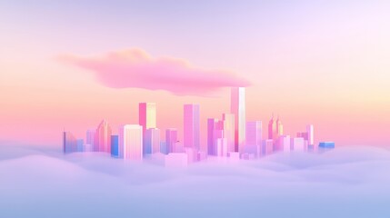 Fototapeta premium Dreamy city skyline at sunset, pastel colors illuminating high-rise buildings, serene atmosphere, ideal for inspirational content.