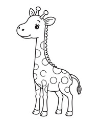 Obraz premium Cute cartoon giraffe with large eyes and spots, standing with a sweet smile. Black and white line art for children's coloring book. Gentle giraffe drawing.