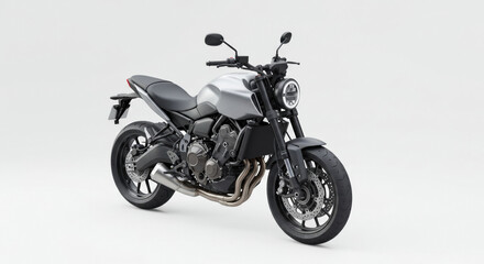 Obraz premium Gray motorcycle in a studio setting. Vehicle is presented in a neutral pose with no other elements or distractions.