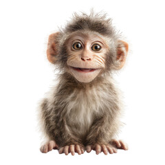 A cute cartoon monkey with fluffy fur is sitting down and smiling on a white background illustration art.