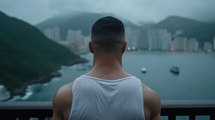 Man overlooking cityscape during a drizzle