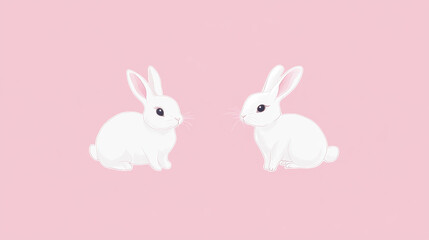 Two adorable white rabbits sit against a soft pink background, exuding charm and innocence in a minimalist art style.