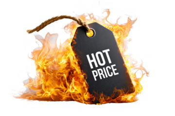 Hot price tag surrounded by flames, symbolizing urgency and special offers. Png, Transparent background.