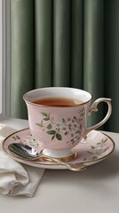 Fototapeta premium Pink floral teacup filled with tea is elegantly displayed on an ornate saucer in a warm afternoon tea ambiance