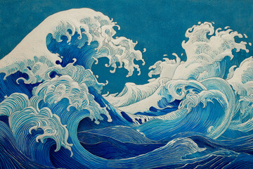 Stylized blue waves, white crests, detailed lines, dynamic ocean scene, representing power, nature, and artistic expression, ideal for design or decor