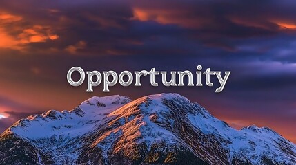 Mountain with snow on it and the word "opportunity" written below it