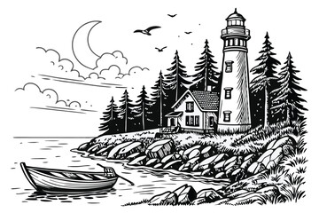 28 Detailed pencil sketch, coastal lighthouse scene, rocky shoreline, tall pine trees, small boat in water, crescent moon, flying birds, intricate textures, windswept tree, cliffside house, dense fore
