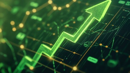 Obraz premium Growing financial graph, vibrant green upward arrow on digital backdrop, symbolizes market growth and investment success.