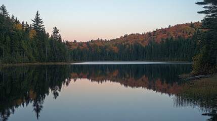 Tranquil autumn lake with reflective water and vibrant foliage under a clear sky