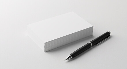 Fototapeta premium A minimalist composition featuring a stack of white cards and a sleek black pen on a white surface