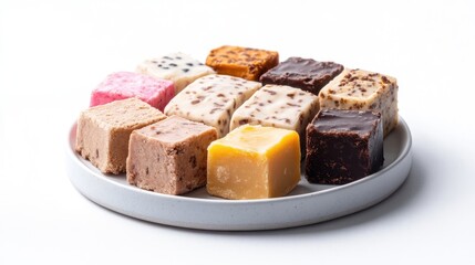 Assorted colorful fudge squares arranged on a plate.  A variety of flavors and textures are visible