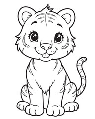 Cute cartoon baby tiger sitting with a happy expression and tongue slightly out. Black and white line art for children's coloring book. Playful tiger cub.