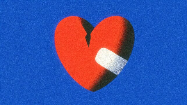 Heart with crack and bandaid, repair, healing, recovery from emotional trauma or illness.