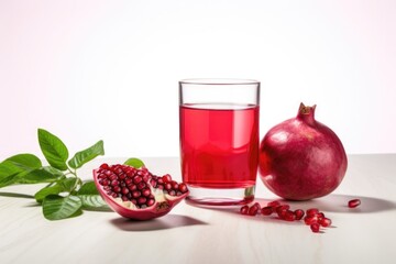 Ripe pomegranates with juice on table close-up