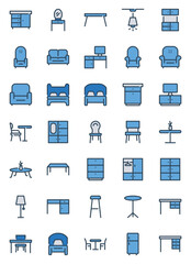 Filled blue outline icons set for Furniture interior
