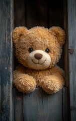 Obraz premium Teddy Bear Peeking from Wooden Box