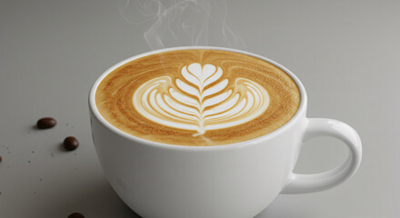 A close up of a white mug filled with latte art and coffee beans scattered on a gray surface
