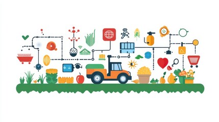 Colorful agricultural landscape with tractor graphics and various farming icons for agriculture concepts
