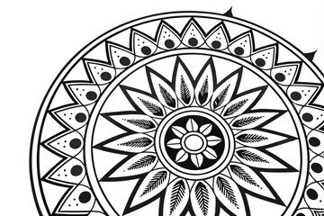 30 Intricate mandala design, black and white illustration, sunflower shape, geometric patterns, zentangle art, detailed linework, radial symmetry, circular composition, floral motif, abstract leaf sha