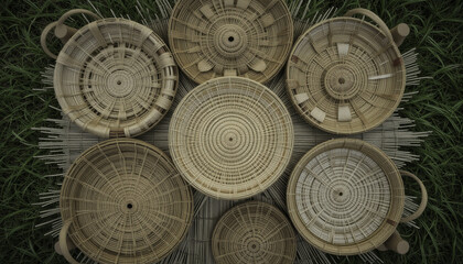 Fototapeta premium Seven intricately woven baskets are arranged mat, showcasing traditional craftsmanship. baskets, made from natural materials, rest lush green grass background, creating harmonious and earthy