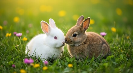 Two Adorable Bunnies Touching Noses in a Lush Green Meadow with