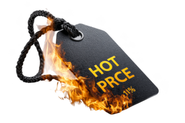 Price tag with "HOT PRICE" text appearing to ignite. Png, Transparent background.