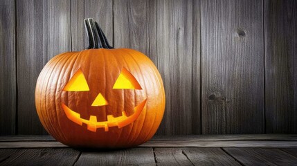 Obraz premium Illuminated carved pumpkin against a rustic wooden background.