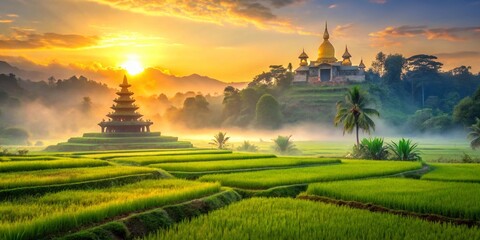Misty Morning Rice Paddies, Northern Thailand: Double Exposure Landscape