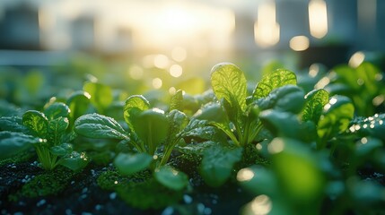 Sunset over vibrant green spinach plants.