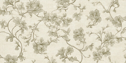 Beige fabric texture with olive-green floral pattern, showcasing a vintage design ideal for textile, wallpaper, or background uses