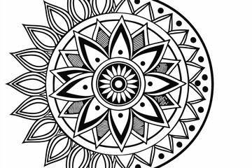 30 Intricate mandala design, black and white illustration, sunflower shape, geometric patterns, zentangle art, detailed linework, radial symmetry, circular composition, floral motif, abstract leaf sha