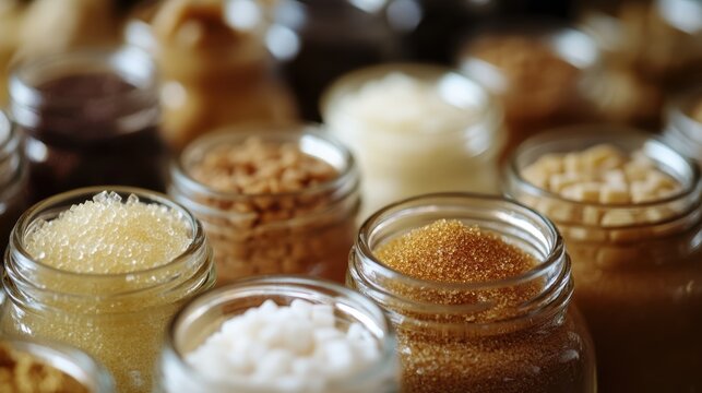 Exploring natural sweeteners: varied options displayed in glass jars for healthy alternatives