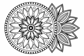 30 Intricate mandala design, black and white illustration, sunflower shape, geometric patterns, zentangle art, detailed linework, radial symmetry, circular composition, floral motif, abstract leaf sha