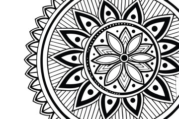 30 Intricate mandala design, black and white illustration, sunflower shape, geometric patterns, zentangle art, detailed linework, radial symmetry, circular composition, floral motif, abstract leaf sha
