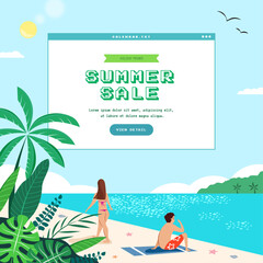 Summer sale promotion design with beach scene illustration
