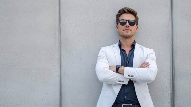 Confident entrepreneur standing tall in a minimalist setting. 