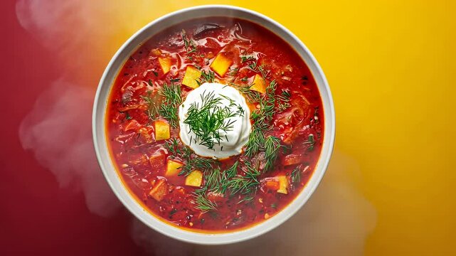 Top view of rotating borscht soup bowl with dill and sour cream on yellow-red gradient background. 