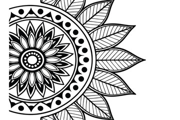 30 Intricate mandala design, black and white illustration, sunflower shape, geometric patterns, zentangle art, detailed linework, radial symmetry, circular composition, floral motif, abstract leaf sha