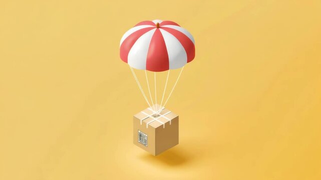 A parachute holds a square cardboard box in the air
