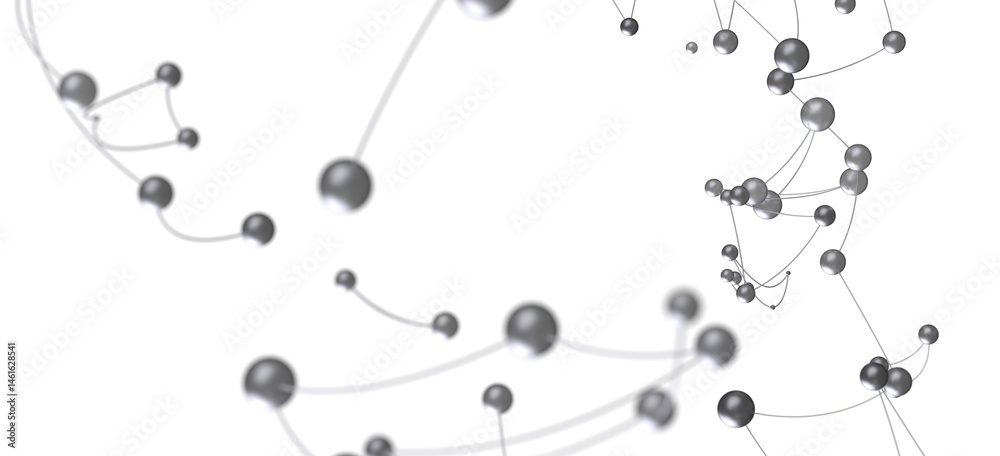 Poster abstract image of interconnected silver spheres, representing network, connection, or technology.