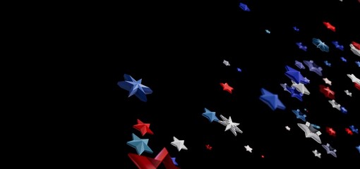 Festive red, white, and blue stars on a black background. Perfect for Independence Day celebrations.